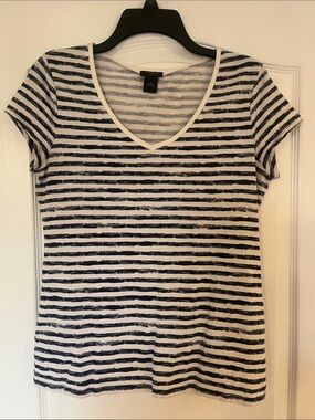 Ann Taylor Navy and White Striped V-Neck Short Sleeve Tee